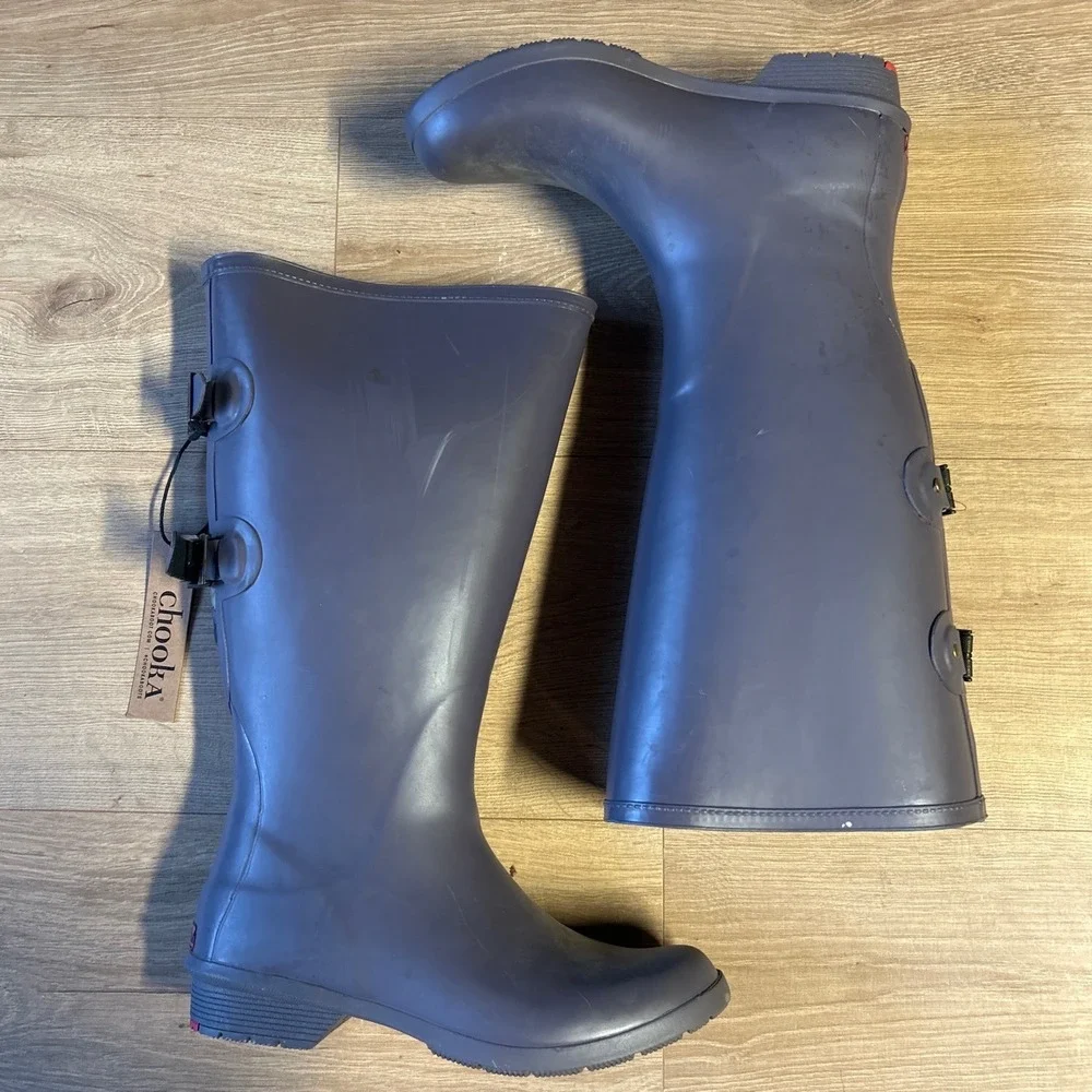 Chooka Versa Prima Mulberry Purple Rubber Rain Boots Floral Gusset Womens 7 NEW
